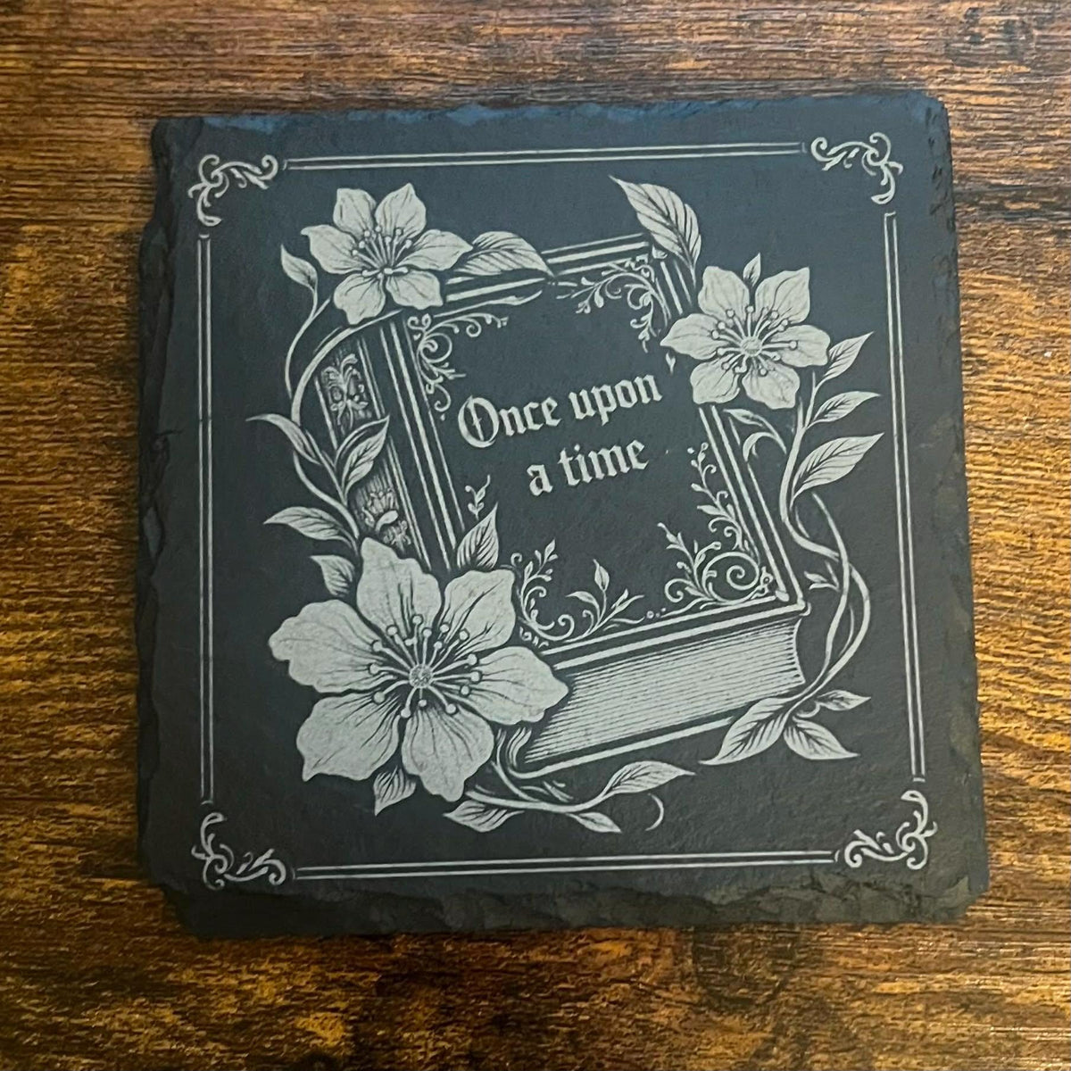 Fairytale Bookshelf Coaster – Laser Engraved Slate Book Lover Gift