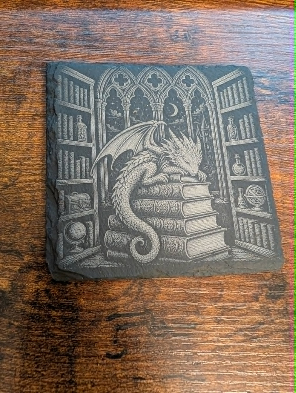 Sleeping Dragon Library Slate Coaster Fantasy Bookish Decor