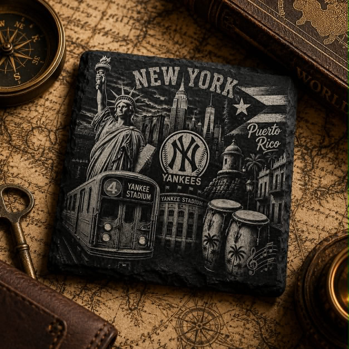 New York Yankees Puerto Rico Slate Coaster | NYC Landmarks, Heritage Engraved Stone