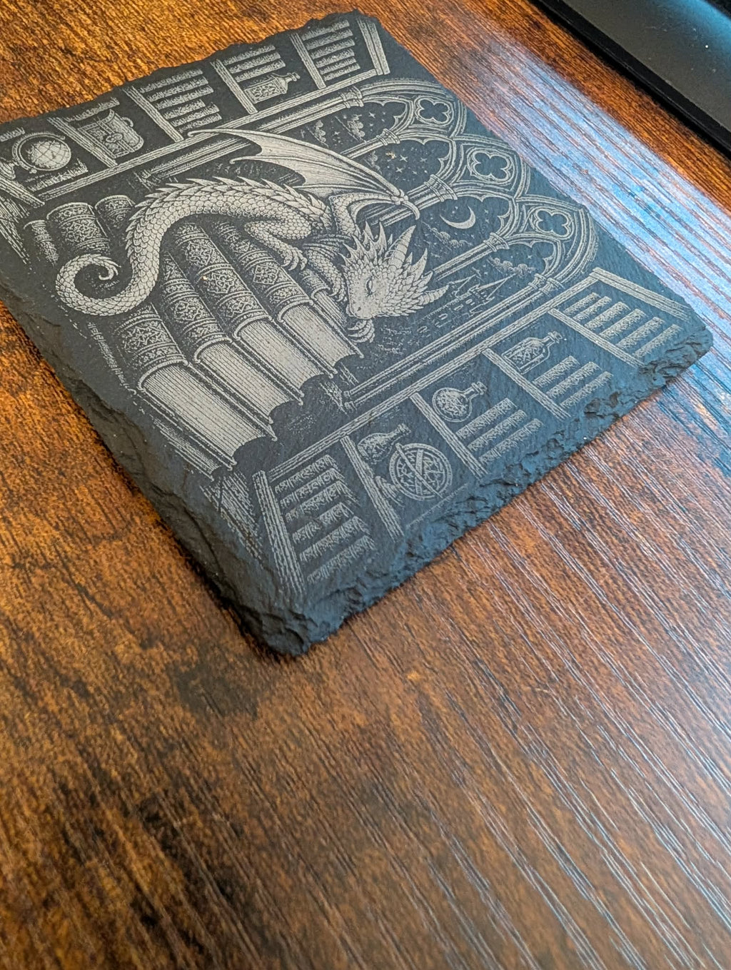 Sleeping Dragon Library Slate Coaster Fantasy Bookish Decor