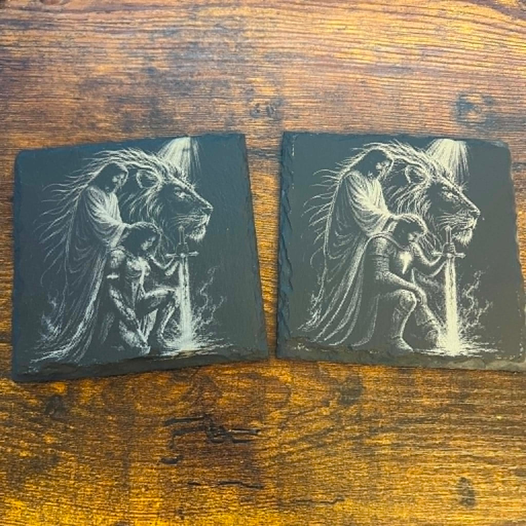Christian Kneeling Knight Engraved Slate Coaster | Warrior of God | Faith-Based Christian Gift | Prayer Décor | Religious Home Accent