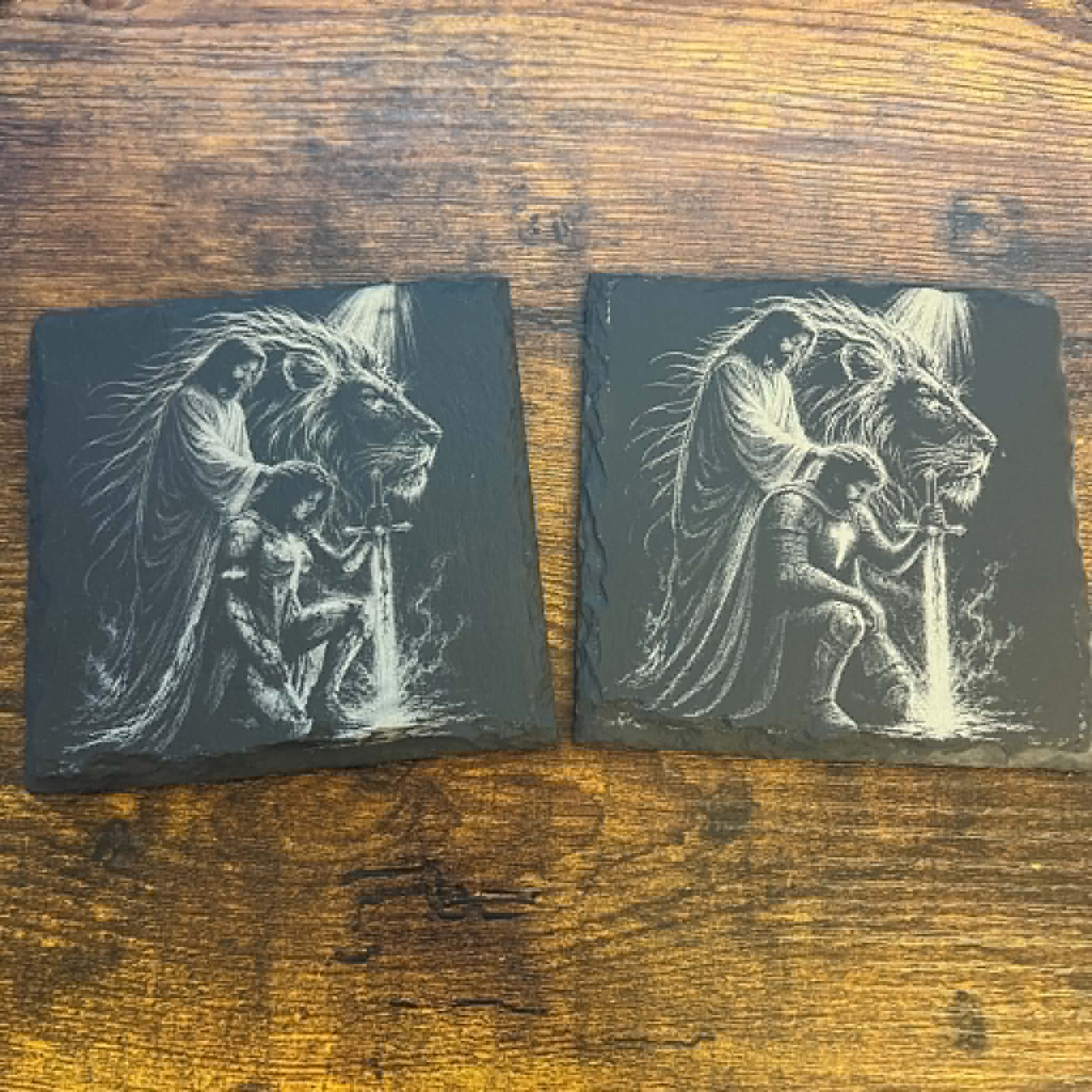 Christian Kneeling Knight Engraved Slate Coaster | Warrior of God | Faith-Based Christian Gift | Prayer Décor | Religious Home Accent