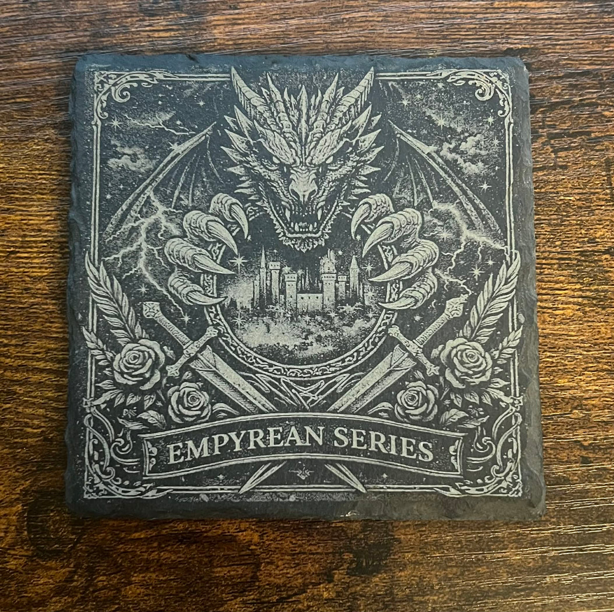 Fourth Wing Inspired Dragon & Lightning Slate Coaster Set, Bookish Fantasy Decor