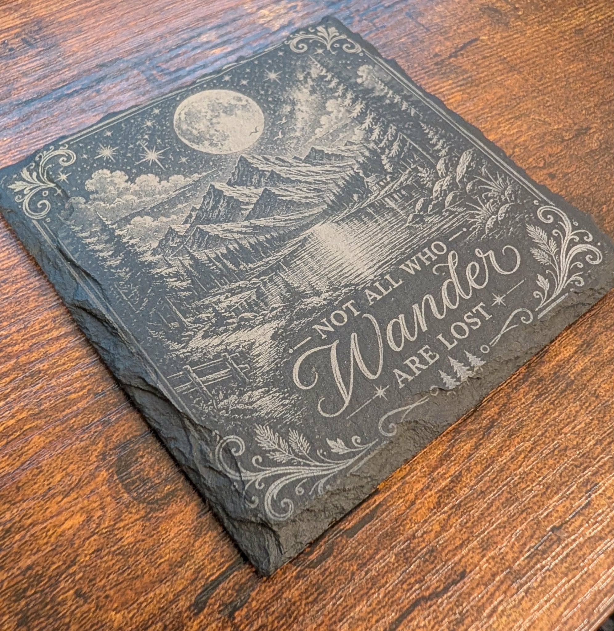 Not All Who Wander Are Lost Slate Coaster | Moon & Mountain Engraved | Rustic Cabin Decor | Nature Lover Gift | Camping Gift | Housewarming