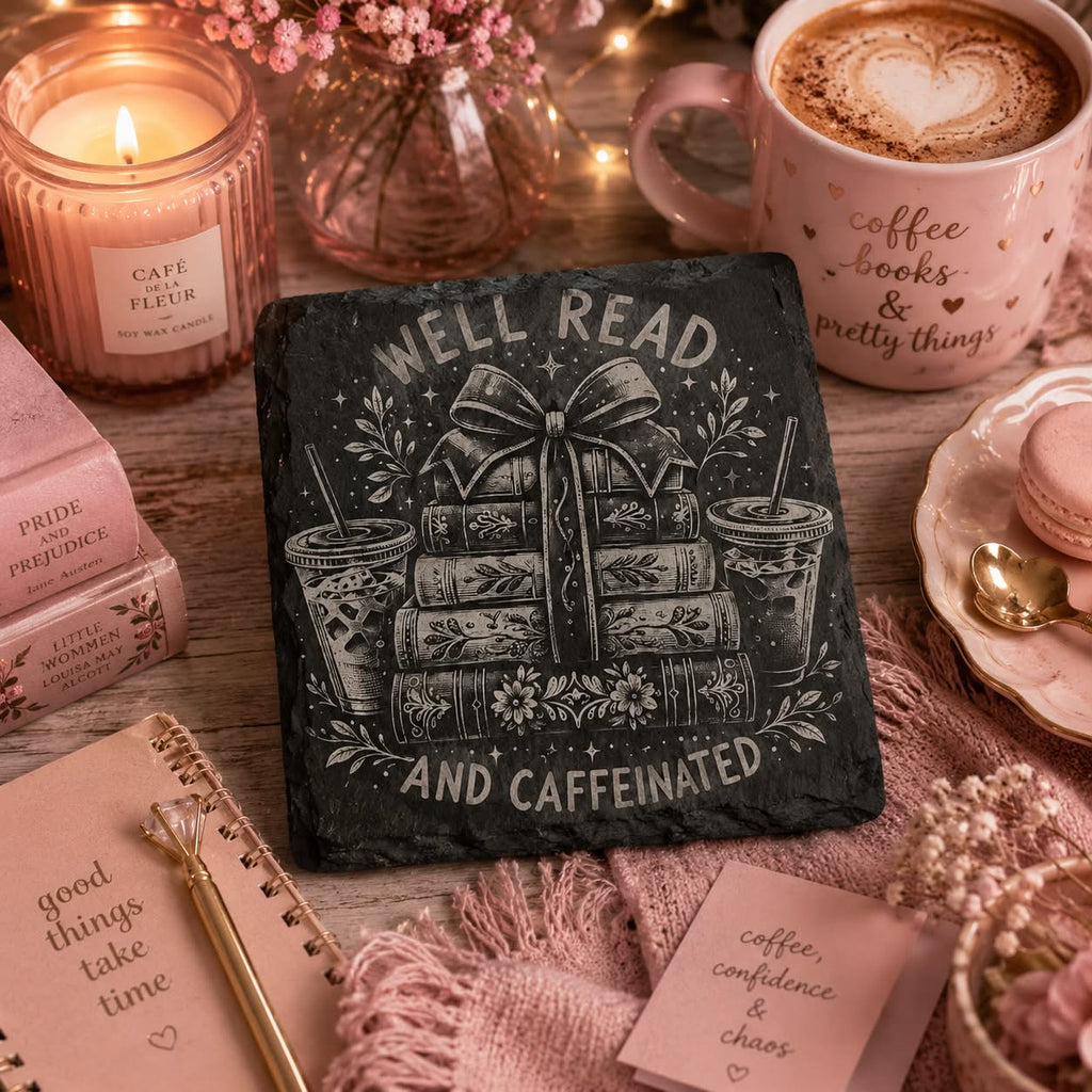 Well Read and Caffeinated Slate Coaster | Book Lover Gift | Coffee & Books Decor