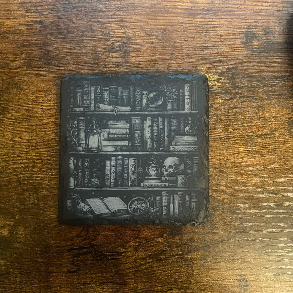 Dark Book Lover Coasters – Spooky Library Slate Drink Coasters- Set of 2