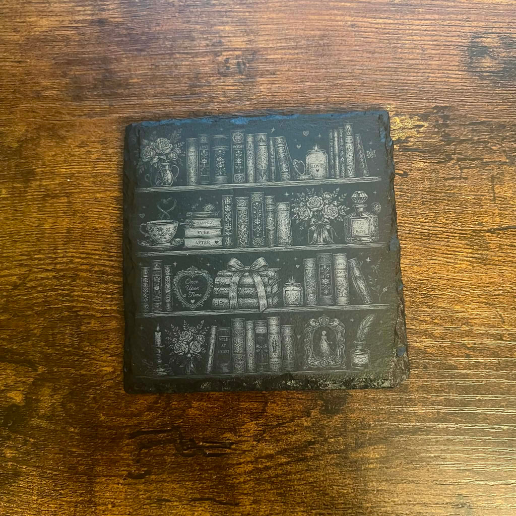 Romance Bookshelf Slate Coasters – Laser Engraved Cozy Reader Gift 4" x 4" Set of 2