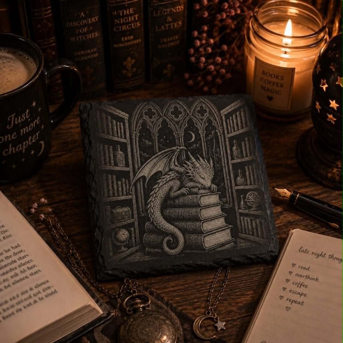 Sleeping Dragon Library Slate Coaster Fantasy Bookish Decor