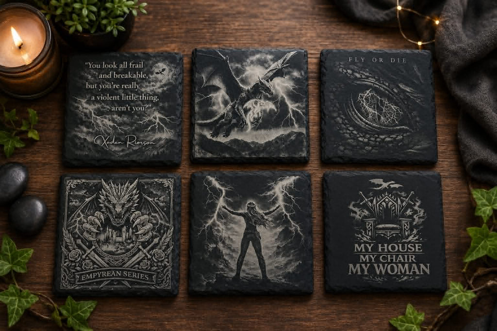 Fourth Wing Inspired Dragon & Lightning Slate Coaster Set, Bookish Fantasy Decor