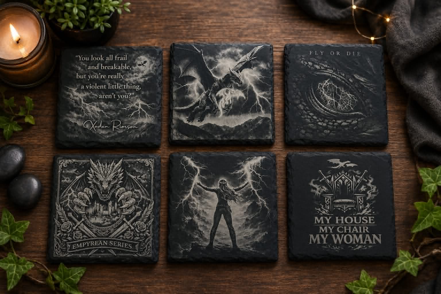 Fourth Wing Inspired Dragon & Lightning Slate Coaster Set, Bookish Fantasy Decor