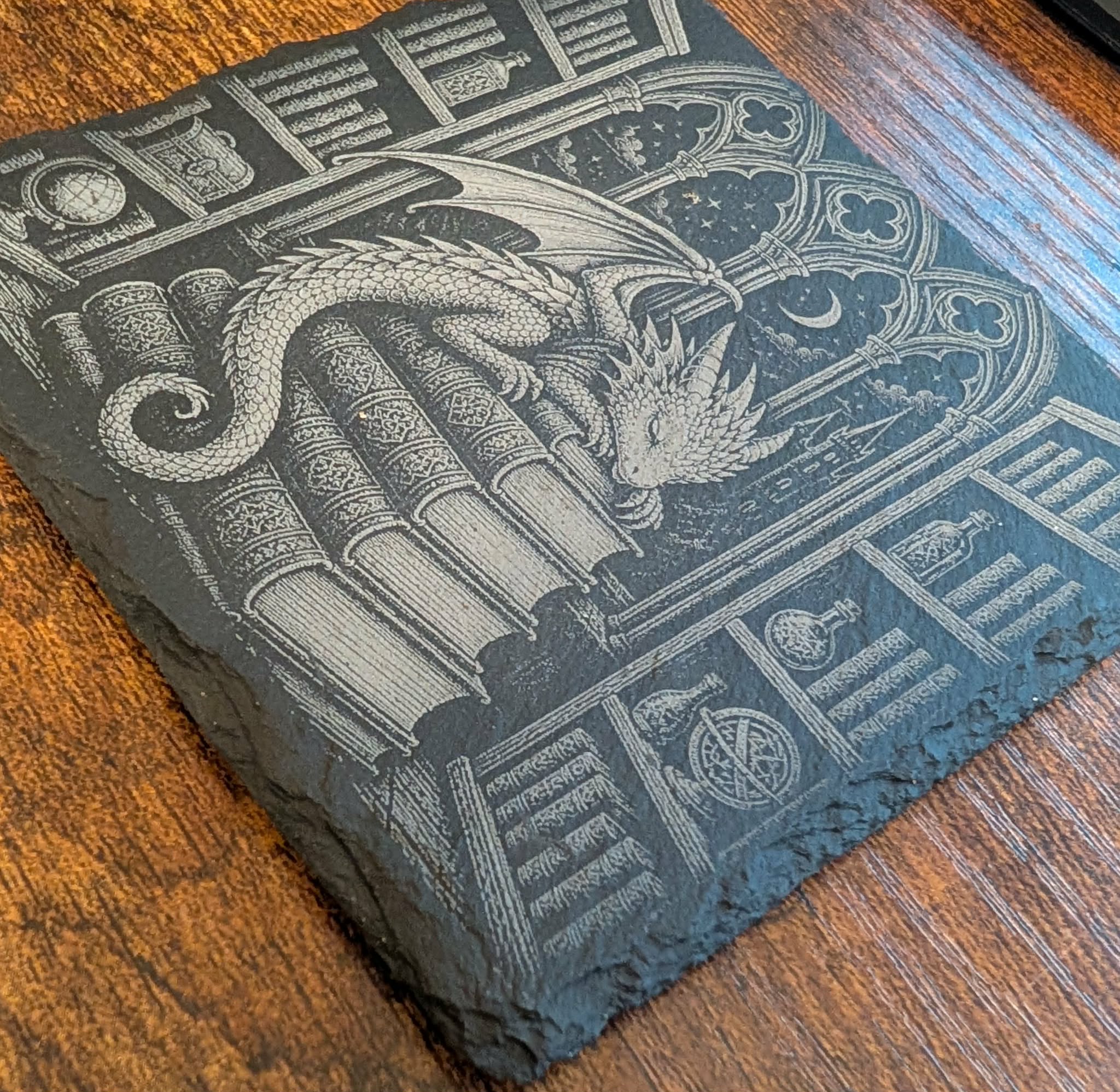Sleeping Dragon Library Slate Coaster Fantasy Bookish Decor