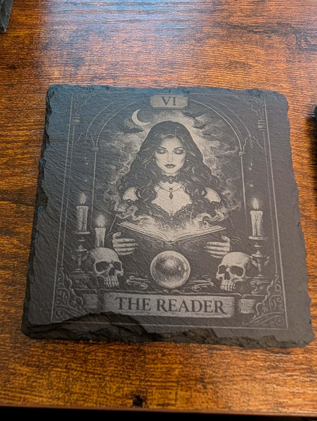 Gothic Tarot Card Slate Coasters | Dark Academia Witchy Decor  Black & White Engraved Coaster Set, The Reader/  The Lovers