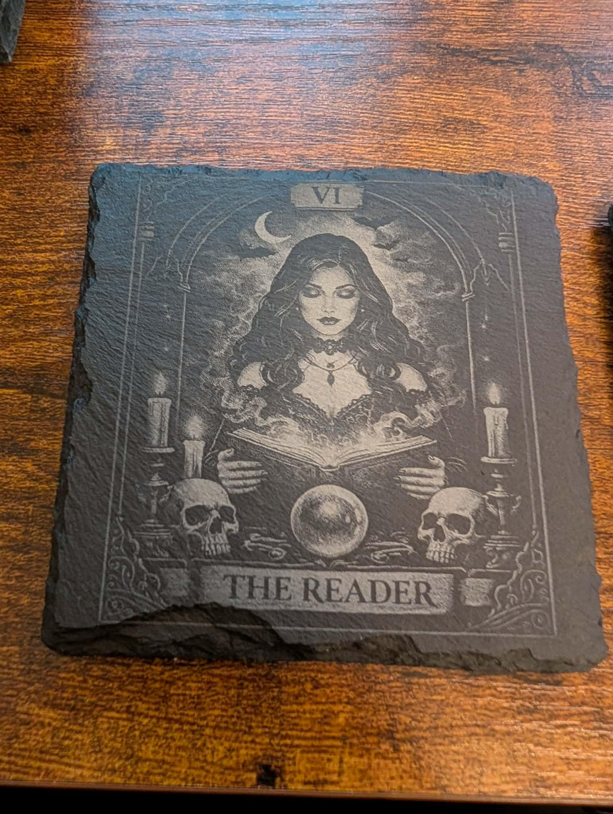 Gothic Tarot Card Slate Coasters | Dark Academia Witchy Decor  Black & White Engraved Coaster Set, The Reader/  The Lovers