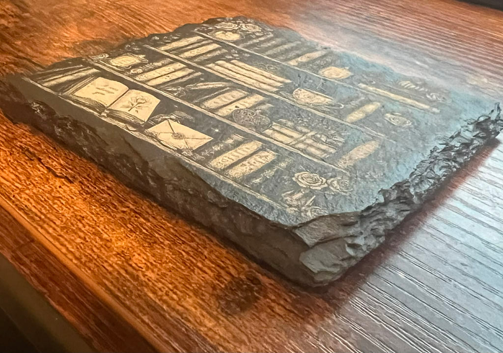 Romance Bookshelf Slate Coaster – Engraved Literary Decor, Book Lover Gift- Set of 2