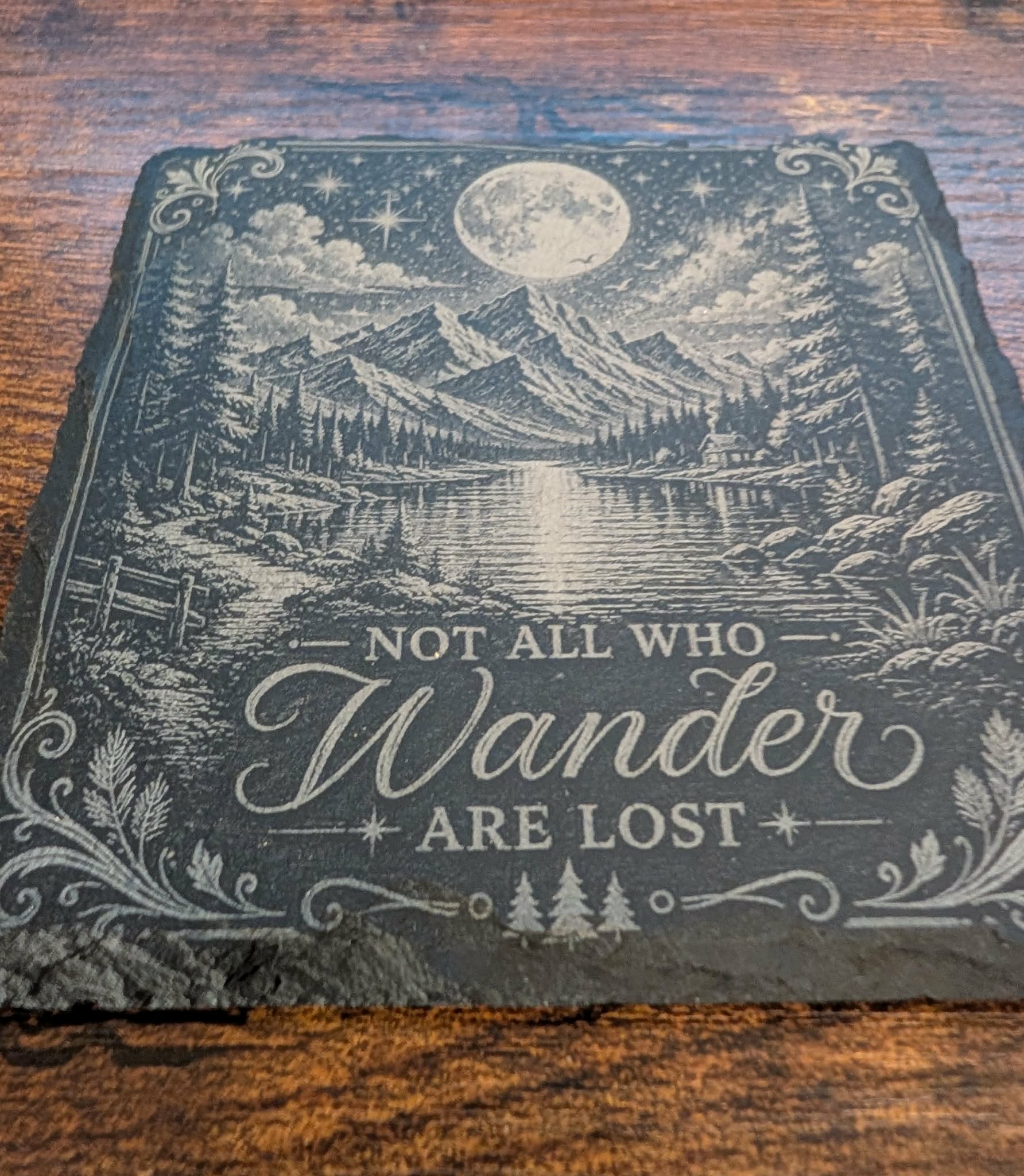 Not All Who Wander Are Lost Slate Coaster | Moon & Mountain Engraved | Rustic Cabin Decor | Nature Lover Gift | Camping Gift | Housewarming