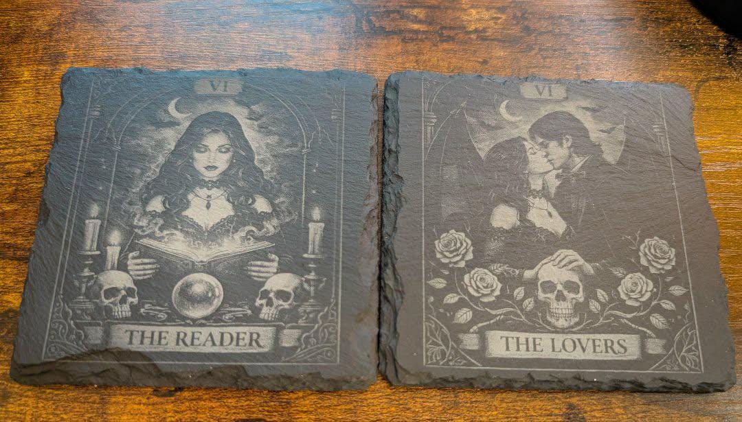 Gothic Tarot Card Slate Coasters | Dark Academia Witchy Decor  Black & White Engraved Coaster Set, The Reader/  The Lovers