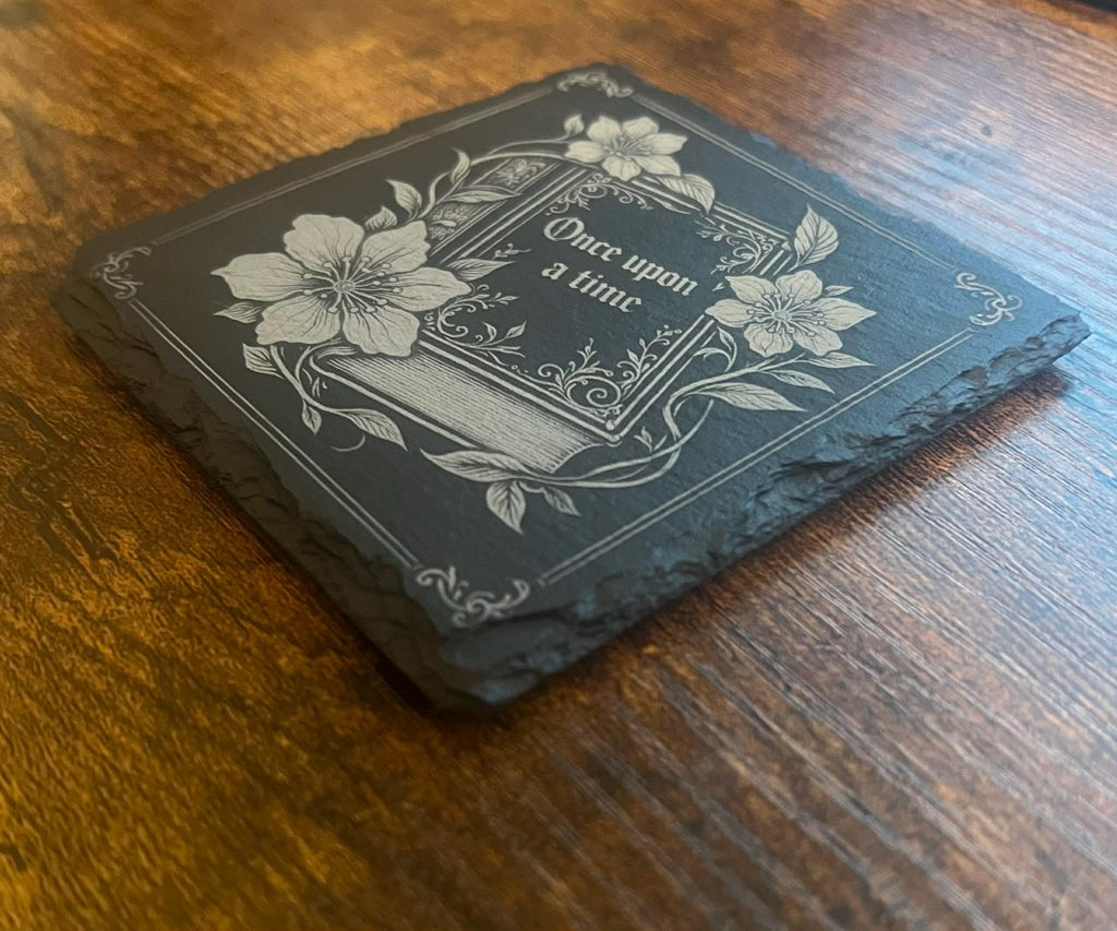 Fairytale Bookshelf Coaster – Laser Engraved Slate Book Lover Gift