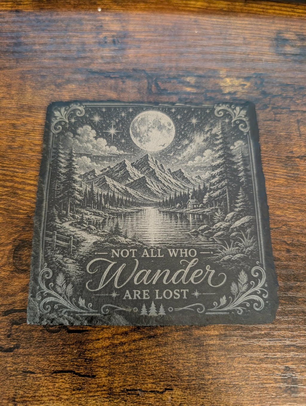 Not All Who Wander Are Lost Slate Coaster | Moon & Mountain Engraved | Rustic Cabin Decor | Nature Lover Gift | Camping Gift | Housewarming