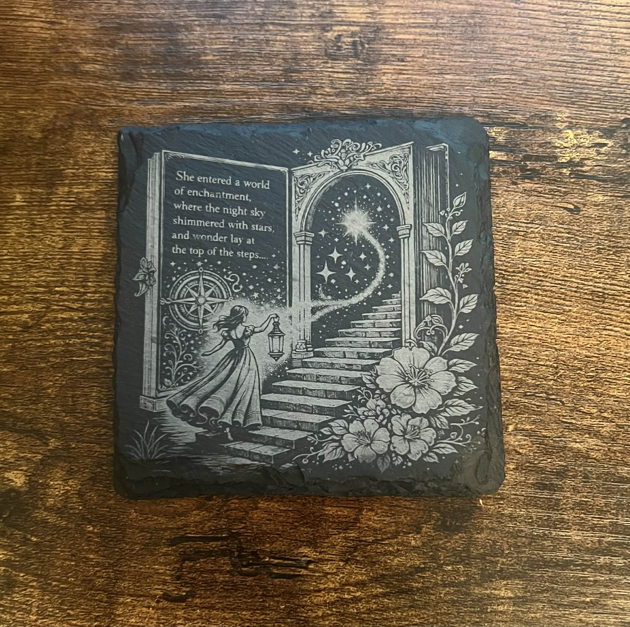 Fantasy Slate Coaster | Whimsical Bookish Decor | Enchanted Doorway & Starry Night Scene