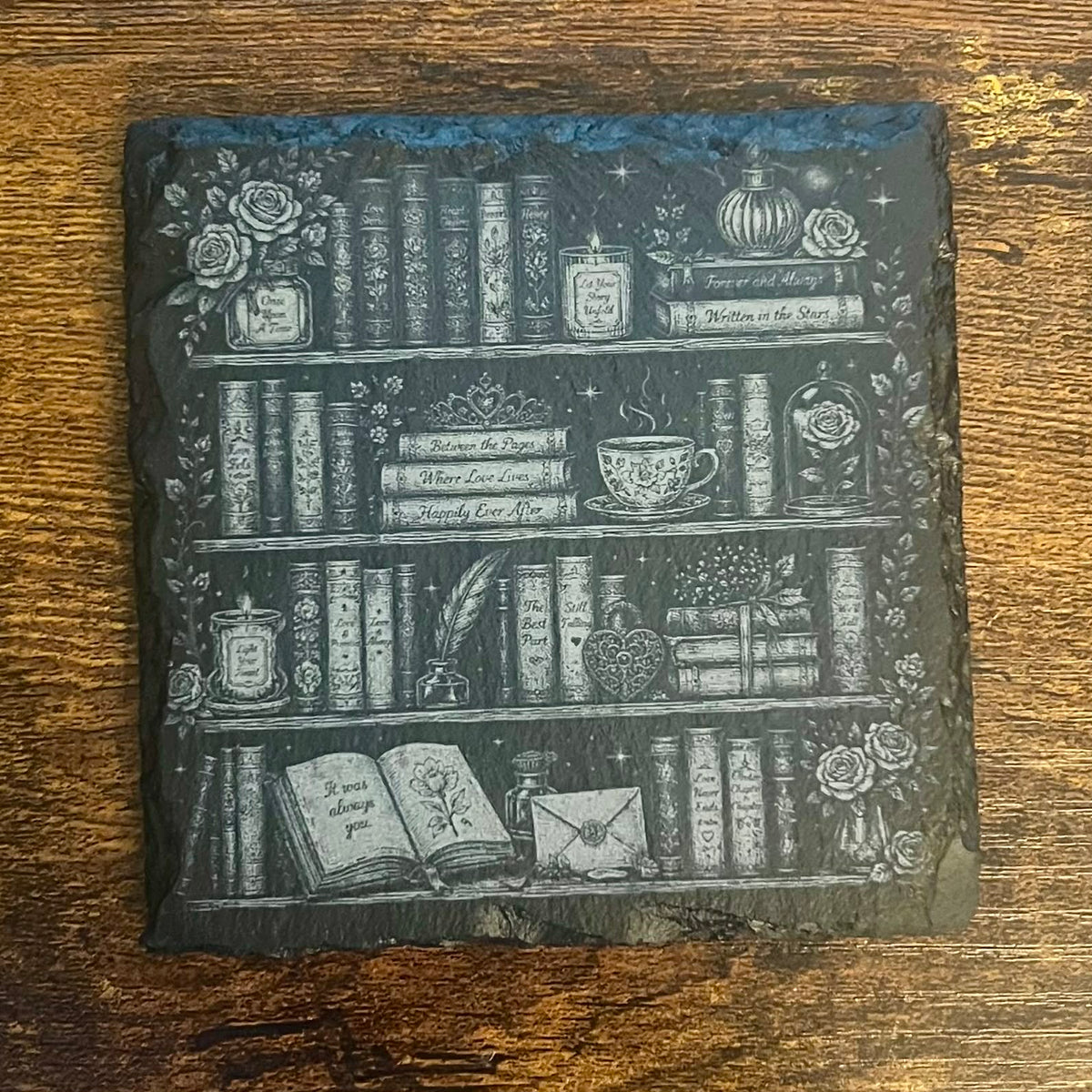 Romance Bookshelf Slate Coaster – Engraved Literary Decor, Book Lover Gift- Set of 2