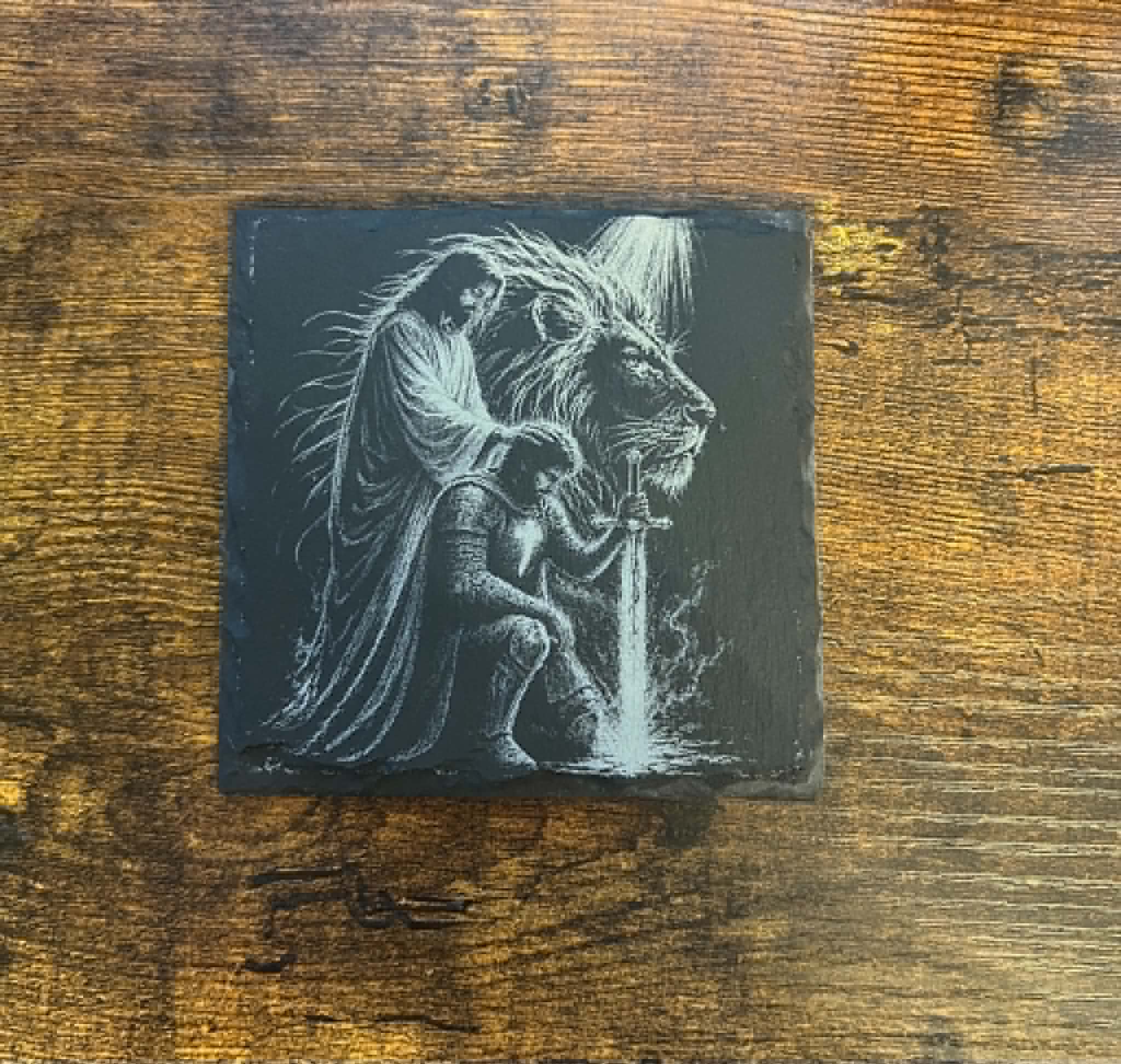 Christian Kneeling Knight Engraved Slate Coaster | Warrior of God | Faith-Based Christian Gift | Prayer Décor | Religious Home Accent