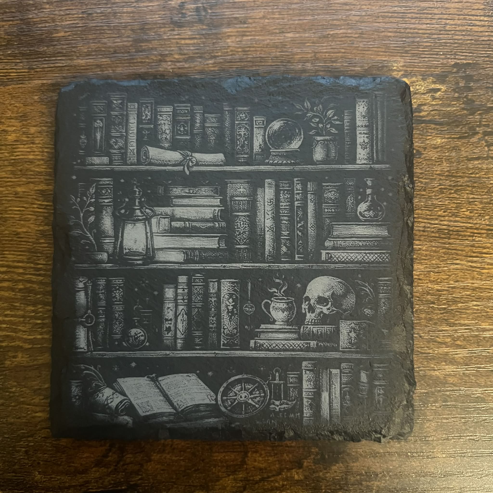 Dark Book Lover Coasters – Spooky Library Slate Drink Coasters- Set of 2