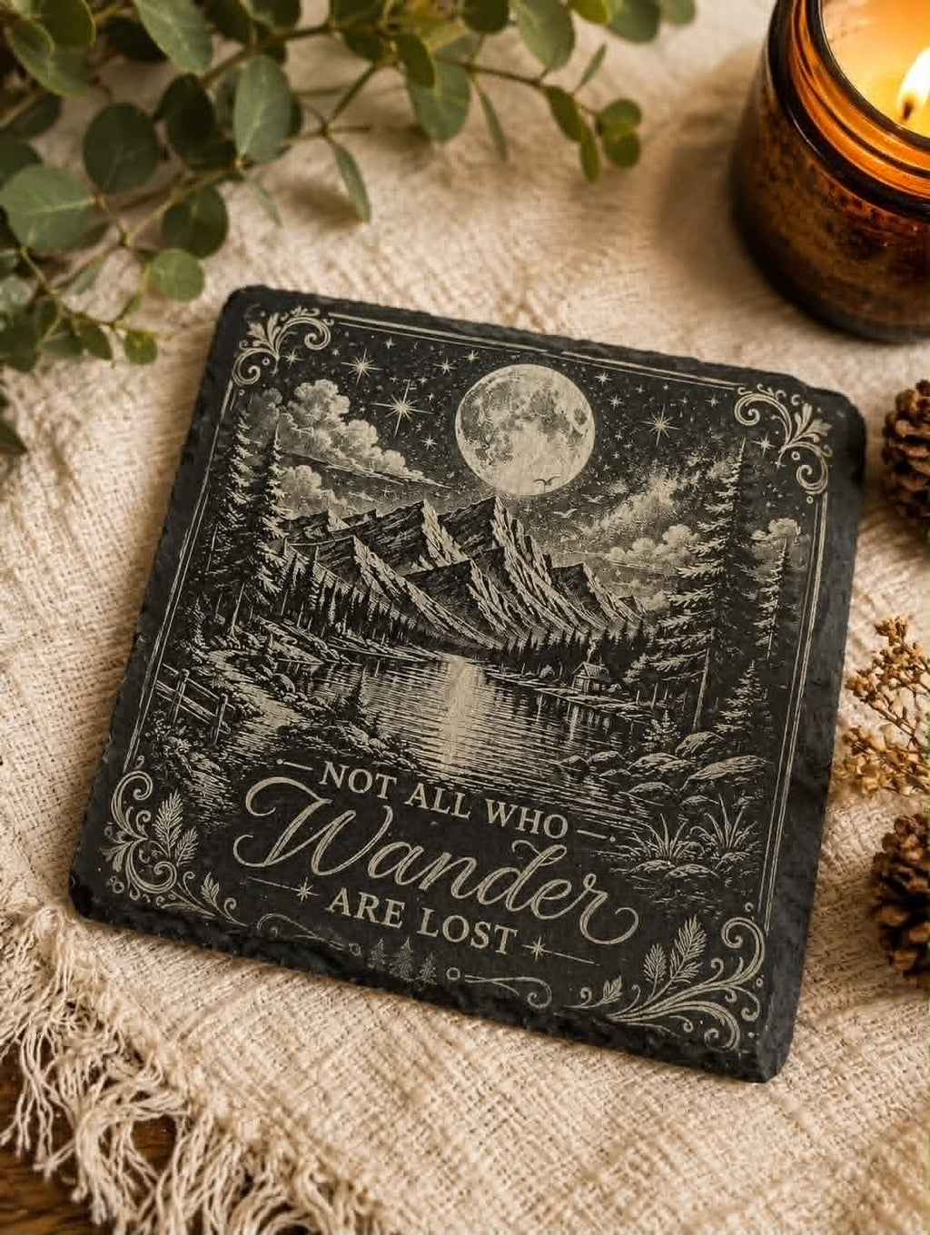 Not All Who Wander Are Lost Slate Coaster | Moon & Mountain Engraved | Rustic Cabin Decor | Nature Lover Gift | Camping Gift | Housewarming