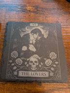 Gothic Tarot Card Slate Coasters | Dark Academia Witchy Decor  Black & White Engraved Coaster Set, The Reader/  The Lovers