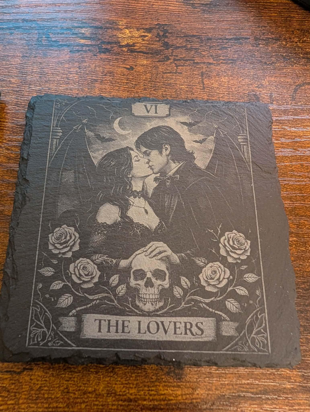 Gothic Tarot Card Slate Coasters | Dark Academia Witchy Decor  Black & White Engraved Coaster Set, The Reader/  The Lovers