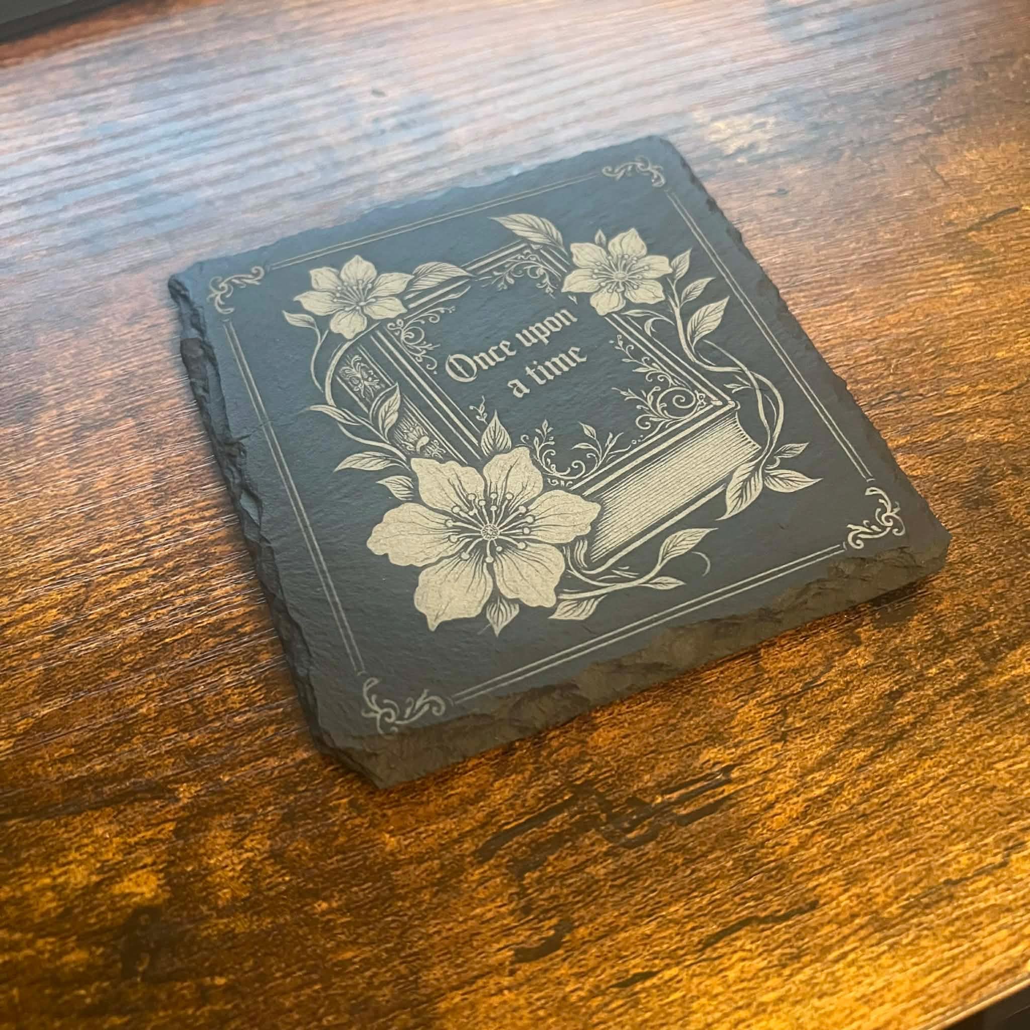 Fairytale Bookshelf Coaster – Laser Engraved Slate Book Lover Gift