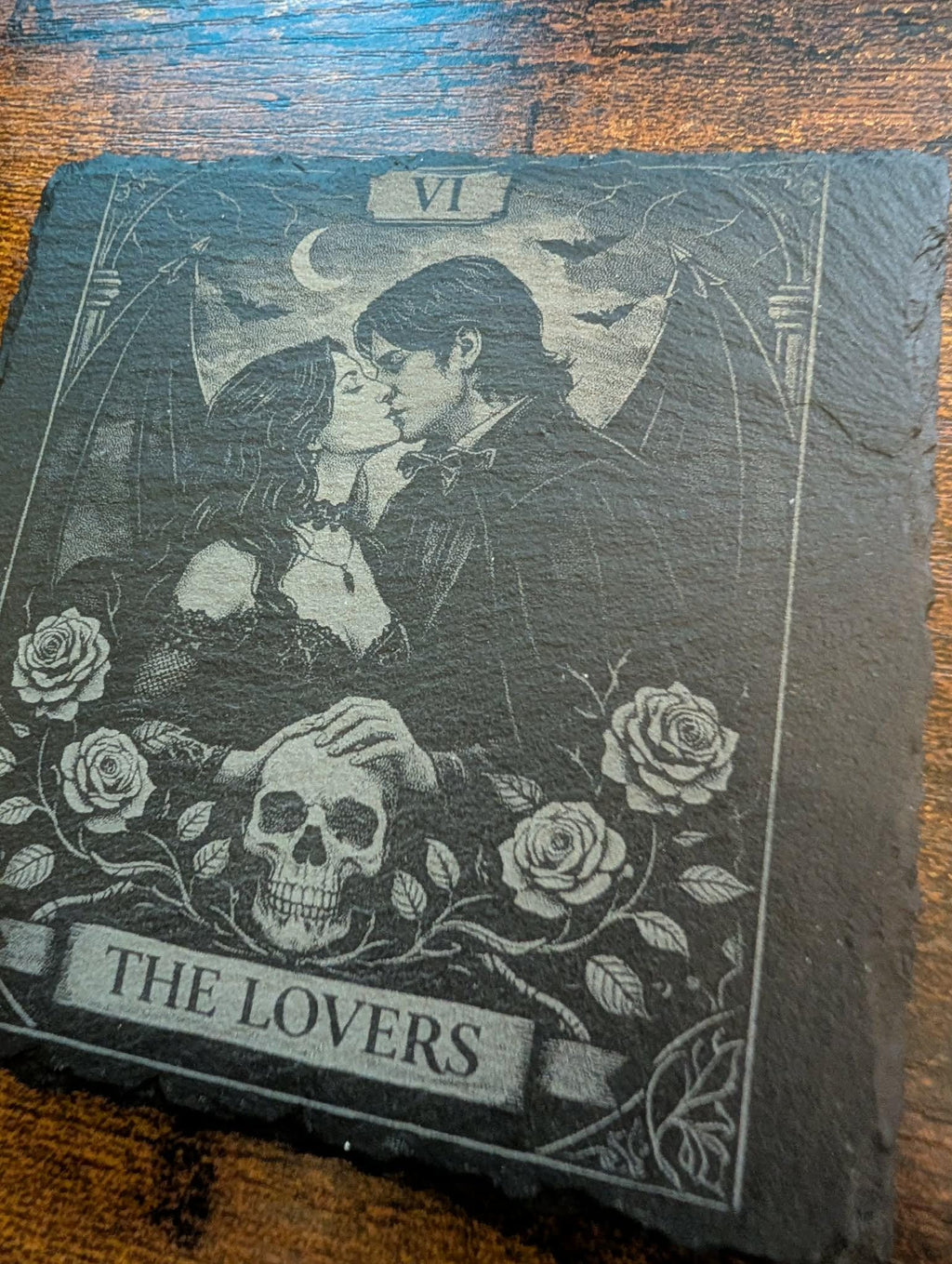 Gothic Tarot Card Slate Coasters | Dark Academia Witchy Decor  Black & White Engraved Coaster Set, The Reader/  The Lovers