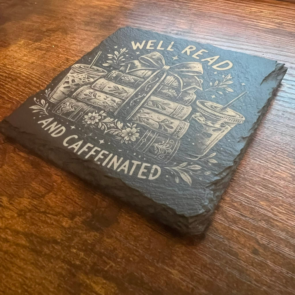 Well Read and Caffeinated Slate Coaster | Book Lover Gift | Coffee & Books Decor