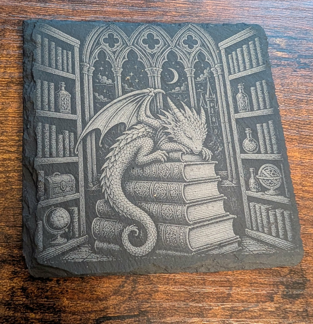 Sleeping Dragon Library Slate Coaster Fantasy Bookish Decor