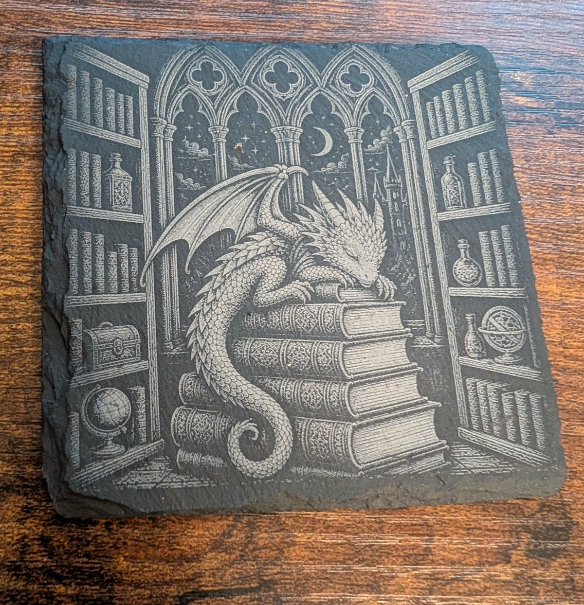 Sleeping Dragon Library Slate Coaster Fantasy Bookish Decor