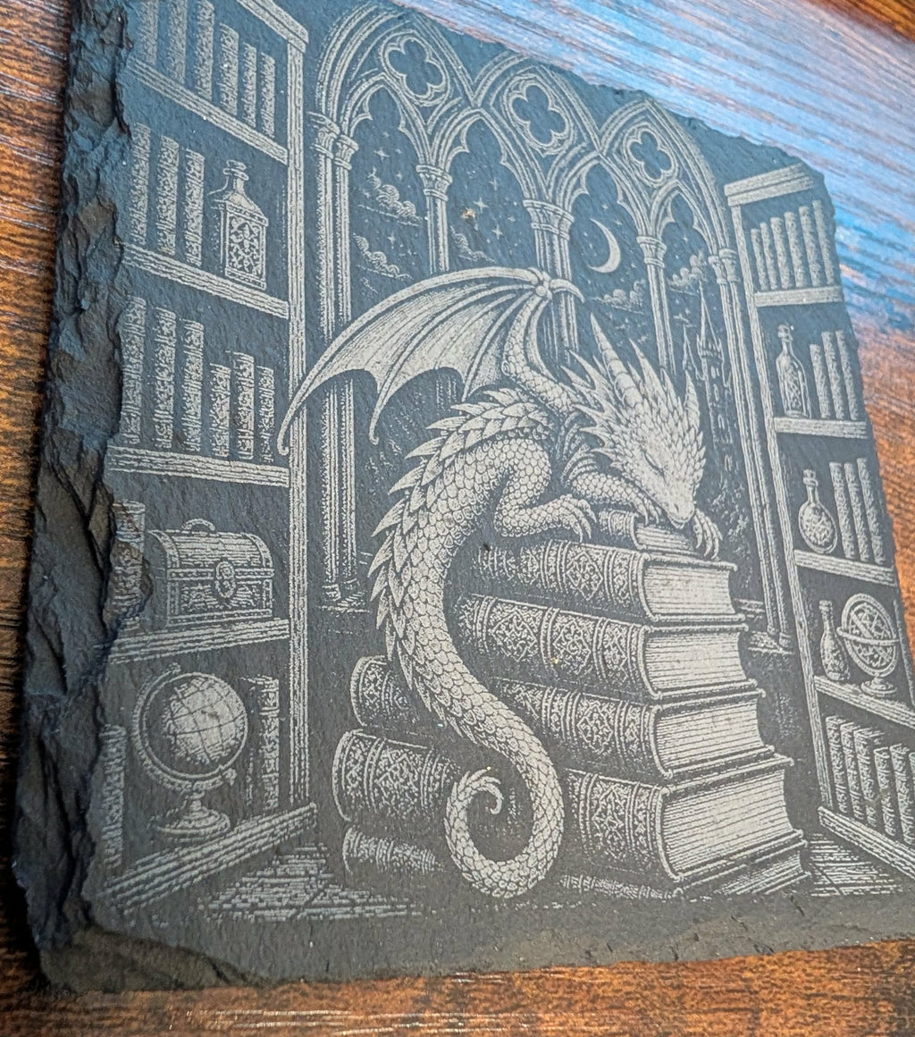 Sleeping Dragon Library Slate Coaster Fantasy Bookish Decor