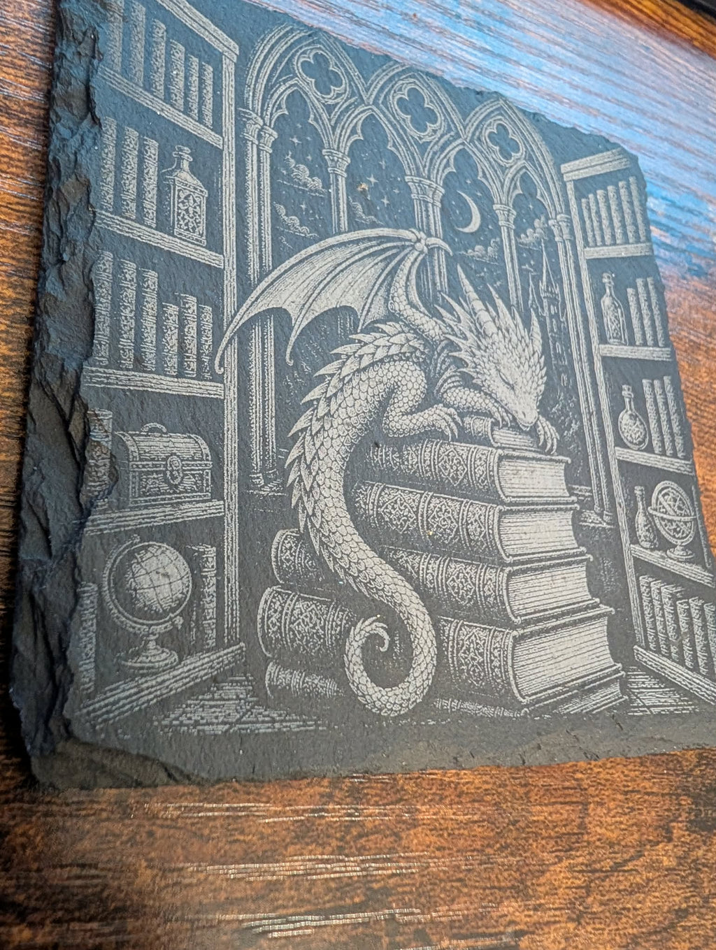 Sleeping Dragon Library Slate Coaster Fantasy Bookish Decor