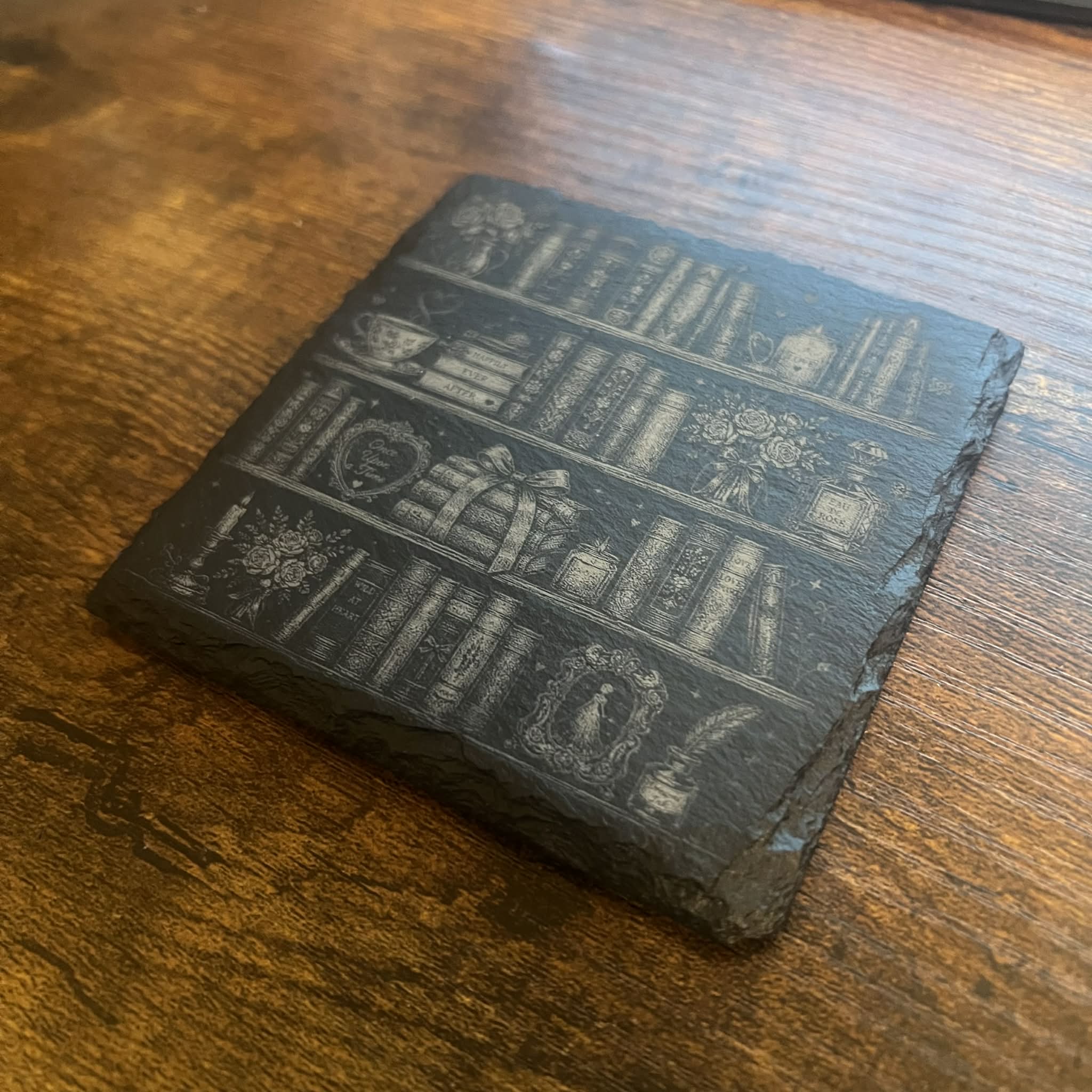 Romance Bookshelf Slate Coasters – Laser Engraved Cozy Reader Gift 4" x 4" Set of 2
