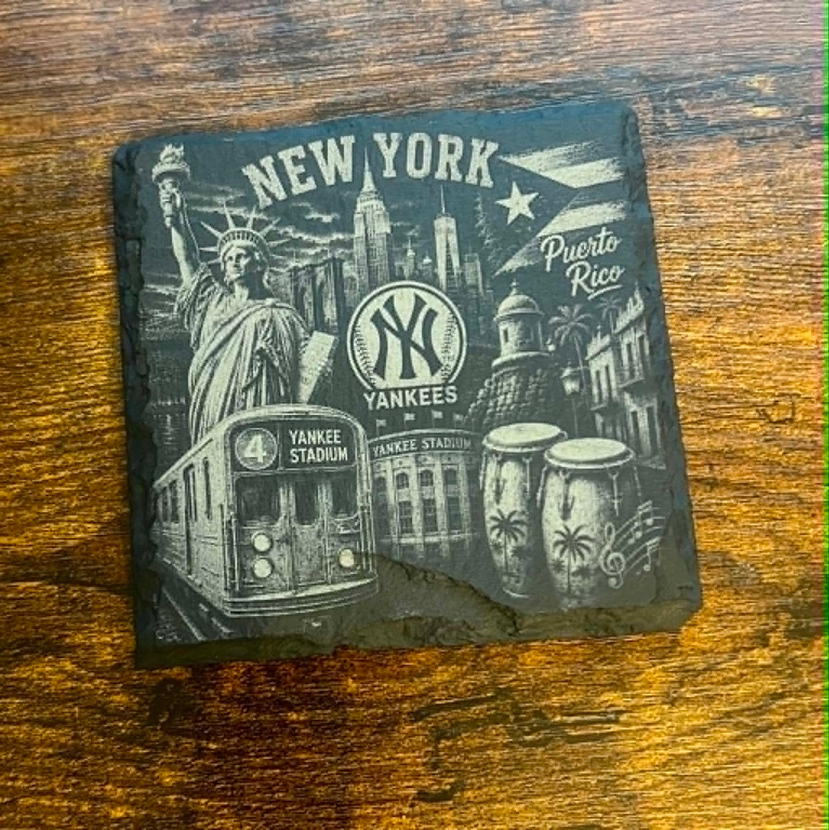 New York Yankees Puerto Rico Slate Coaster | NYC Landmarks, Heritage Engraved Stone