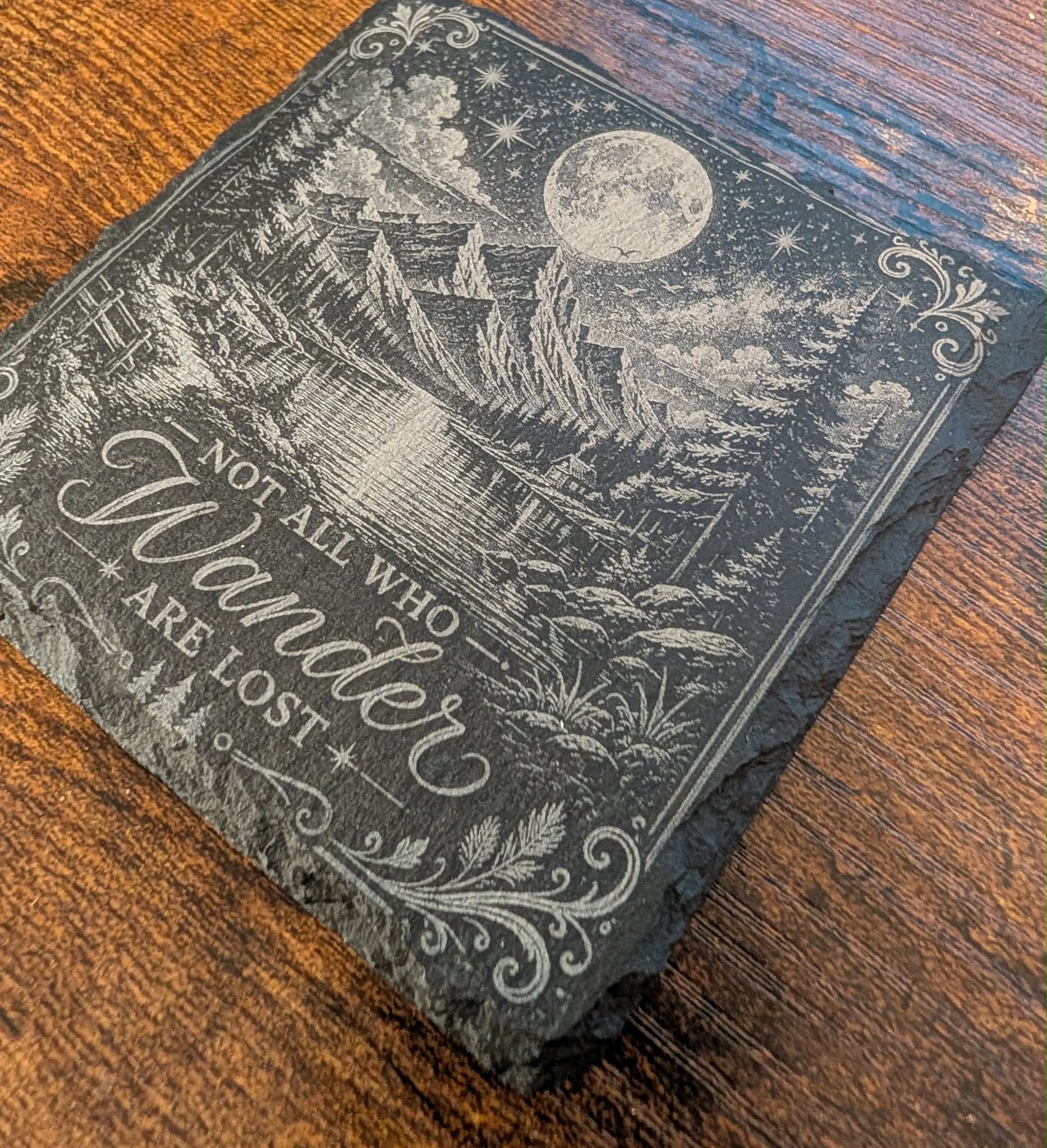 Not All Who Wander Are Lost Slate Coaster | Moon & Mountain Engraved | Rustic Cabin Decor | Nature Lover Gift | Camping Gift | Housewarming