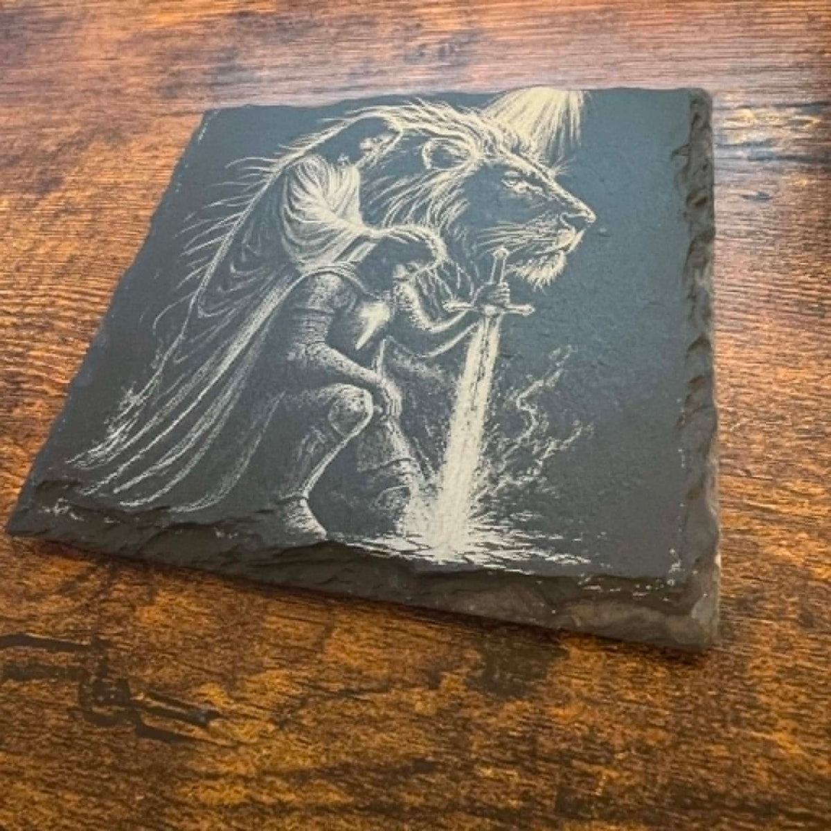 Christian Kneeling Knight Engraved Slate Coaster | Warrior of God | Faith-Based Christian Gift | Prayer Décor | Religious Home Accent