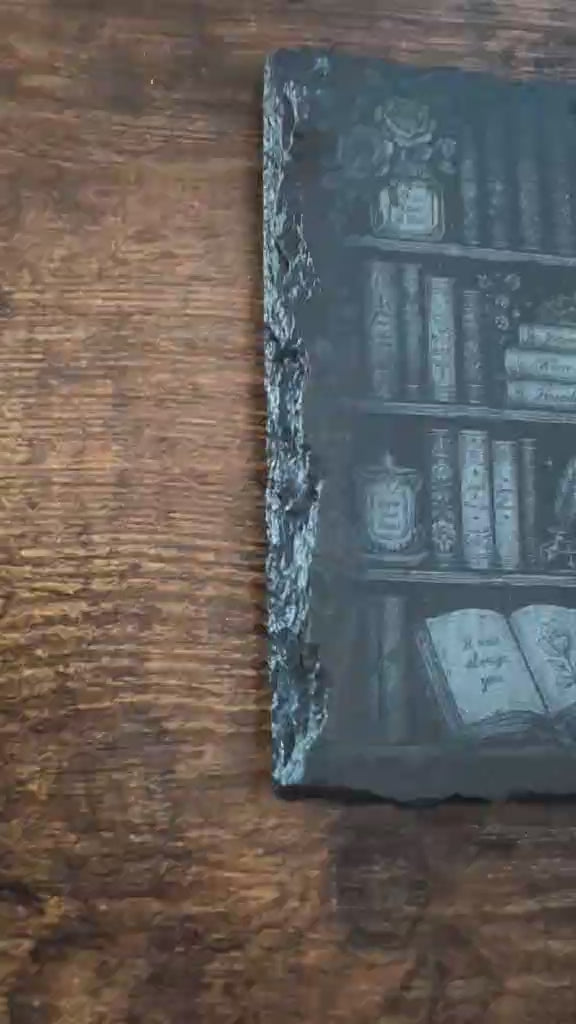 Romance Bookshelf Slate Coaster – Engraved Literary Decor, Book Lover Gift- Set of 2