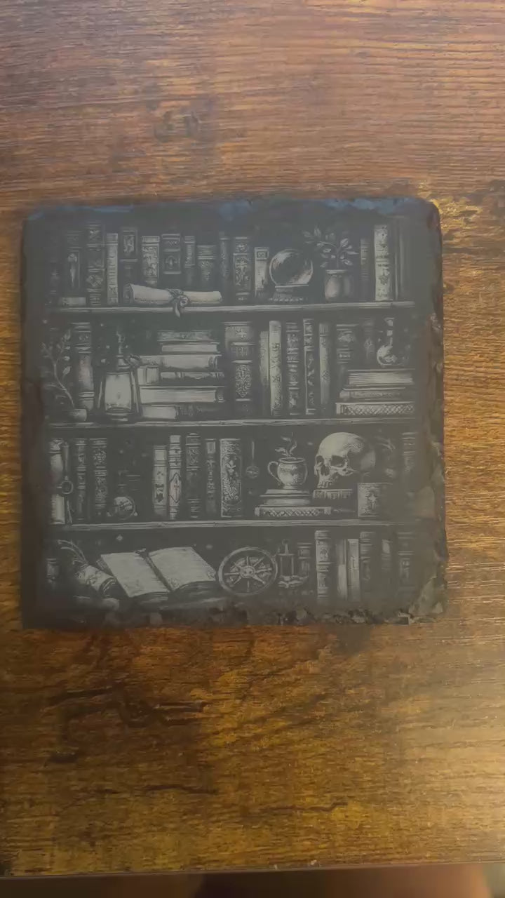 Dark Book Lover Coasters – Spooky Library Slate Drink Coasters- Set of 2